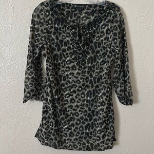 Women’s INC Semi Sheer Embellished Leopard Print Top, Large Green/Black